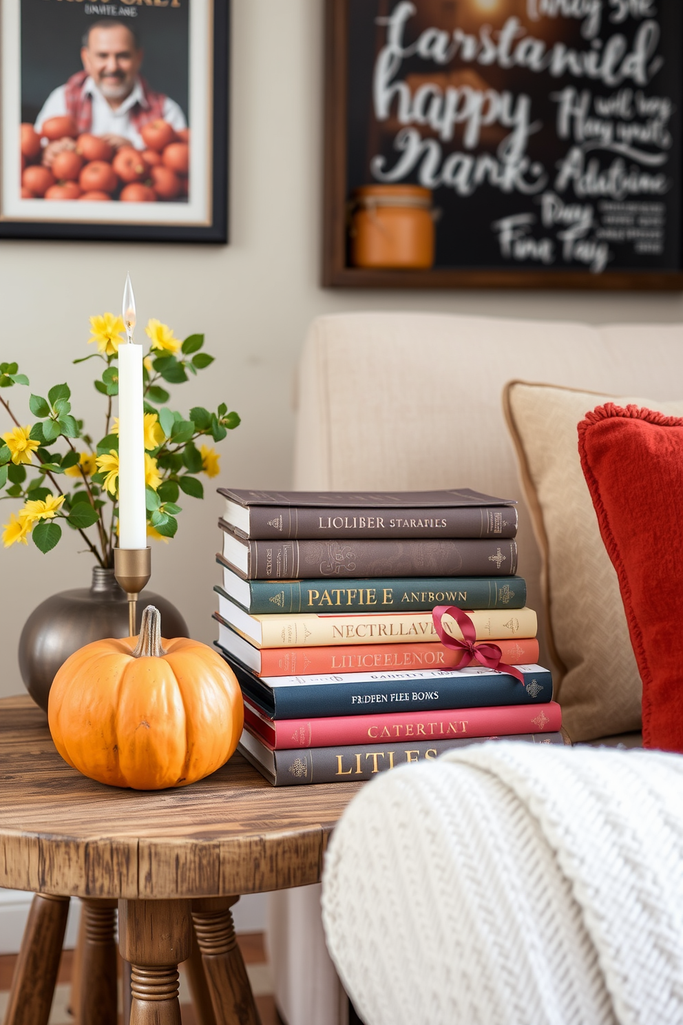 A cozy small space living area featuring a decorative stack of seasonal books in warm autumn hues. The books are arranged artfully on a rustic wooden side table, accompanied by a small pumpkin and a scented candle.