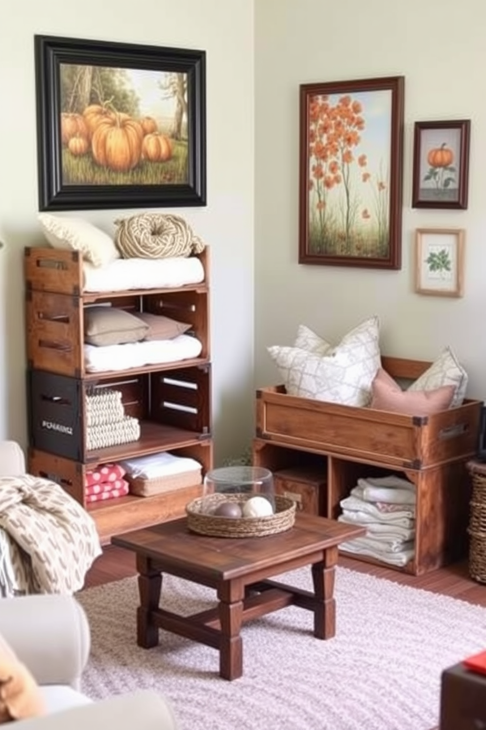 A cozy living room featuring vintage wooden crates stacked as stylish storage solutions. The crates are filled with soft blankets and decorative pillows, adding warmth and character to the space. The walls are adorned with autumn-themed artwork, capturing the essence of fall. A small, inviting seating area is arranged around a rustic coffee table, creating a perfect nook for relaxation.