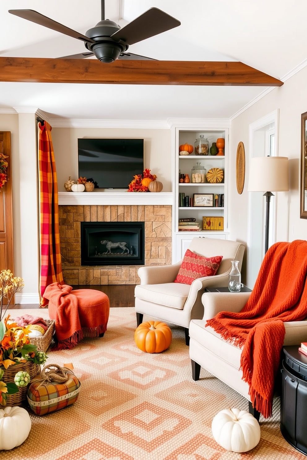 A cozy living area adorned with autumn colored throws draped over plush chairs. The warm hues of orange, red, and yellow create a welcoming atmosphere perfect for the fall season. In a small space, utilize vertical storage solutions to maximize functionality while maintaining style. Incorporate decorative elements like pumpkins and seasonal accents to enhance the seasonal charm.