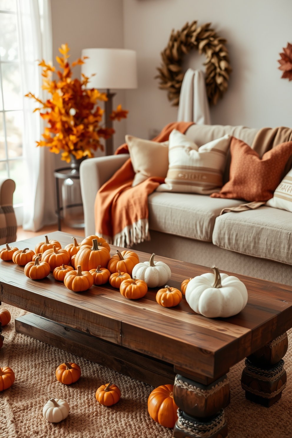 A cozy living room adorned with mini pumpkins scattered across a rustic wooden coffee table. The warm tones of fall are reflected in the soft throw blankets draped over the couch and the golden hues of the autumn leaves displayed in a nearby vase.