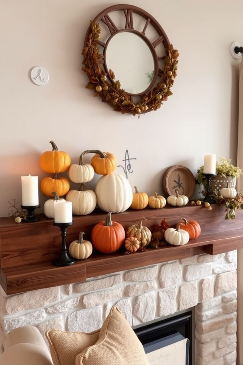 A cozy living room features a rustic mantel adorned with an array of decorative gourds in various shapes and sizes. The warm autumn colors of the gourds complement the soft, neutral tones of the surrounding decor, creating an inviting atmosphere. In a small space, the mantel serves as a focal point for fall decorating, showcasing the gourds alongside a few candles and seasonal foliage. This arrangement maximizes visual interest while maintaining a clean and organized look.