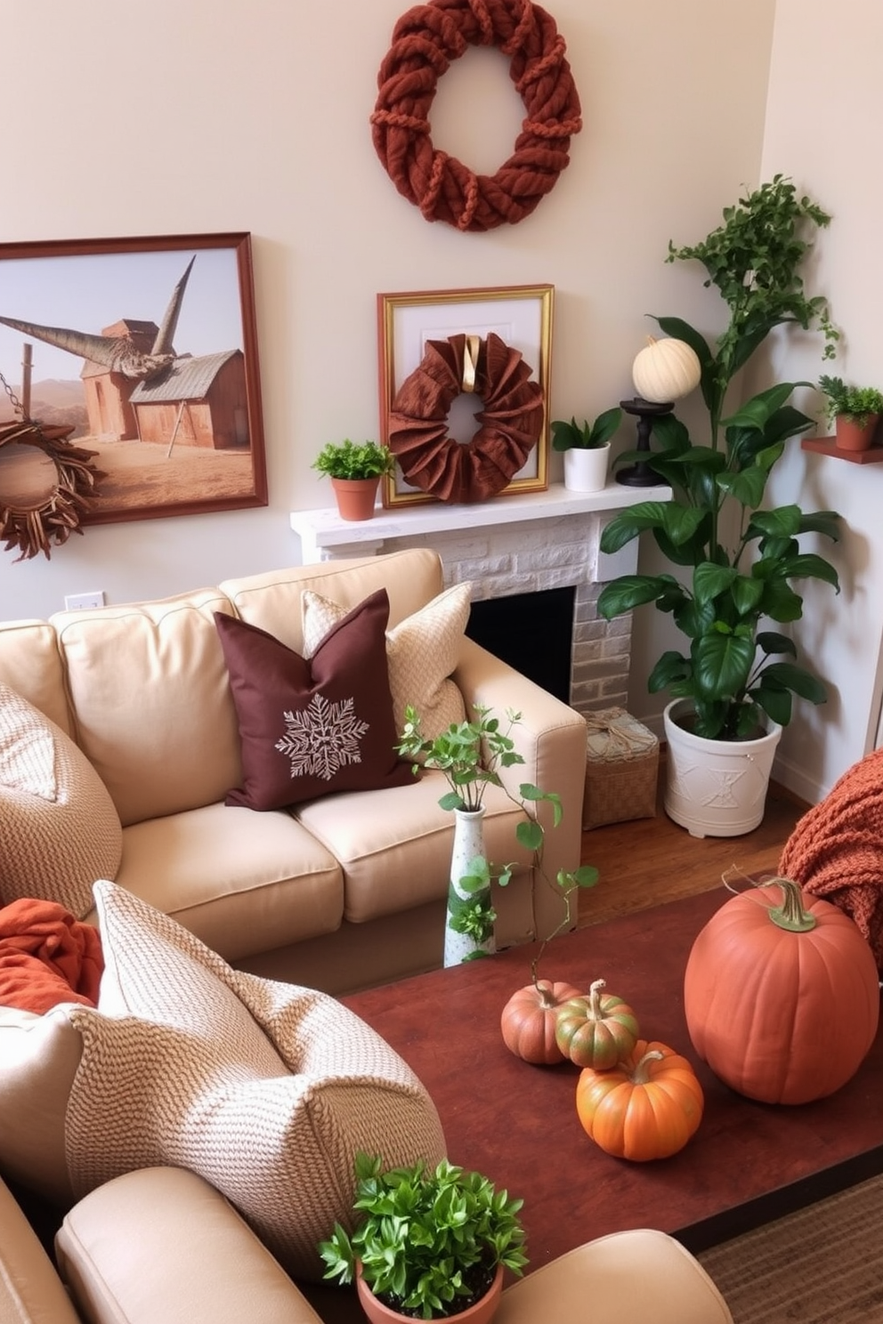 A cozy living room adorned with small potted plants that add a touch of freshness to the space. The decor features warm autumn colors with soft textiles and layered textures, creating an inviting atmosphere. The furniture arrangement maximizes the limited space while ensuring comfort and functionality. Decorative elements like throw pillows and a seasonal centerpiece enhance the fall theme, making the area feel both stylish and seasonal.