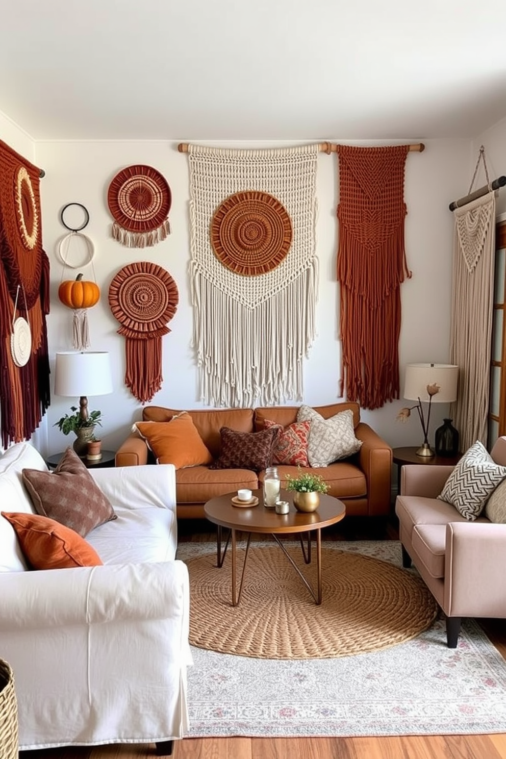 A cozy kitchen adorned with seasonal dish towels featuring autumn-themed patterns hangs from the oven handle. The space is decorated with small potted plants and rustic wooden shelves that showcase colorful cookbooks and decorative jars.