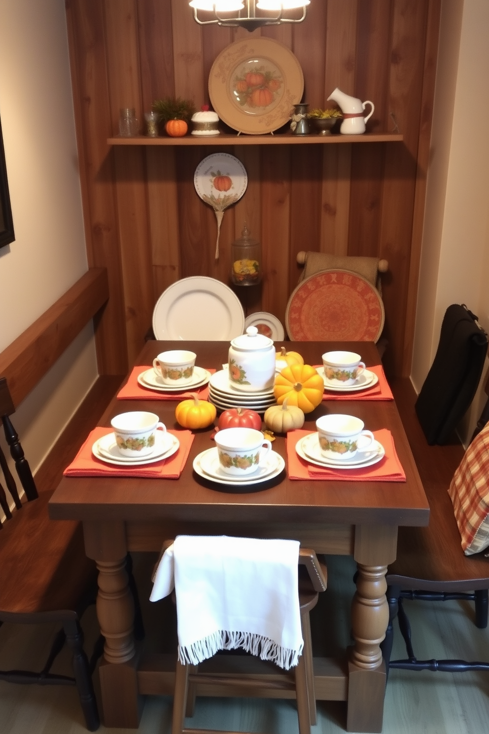 A cozy dining nook featuring seasonal dishware displayed on a rustic wooden table. The table is set with autumn-themed plates and mugs, surrounded by small decorative pumpkins and warm-toned napkins. Soft lighting illuminates the space, highlighting the rich colors of the dishware. A small shelf above the table showcases additional seasonal decorations, creating an inviting atmosphere for gatherings.