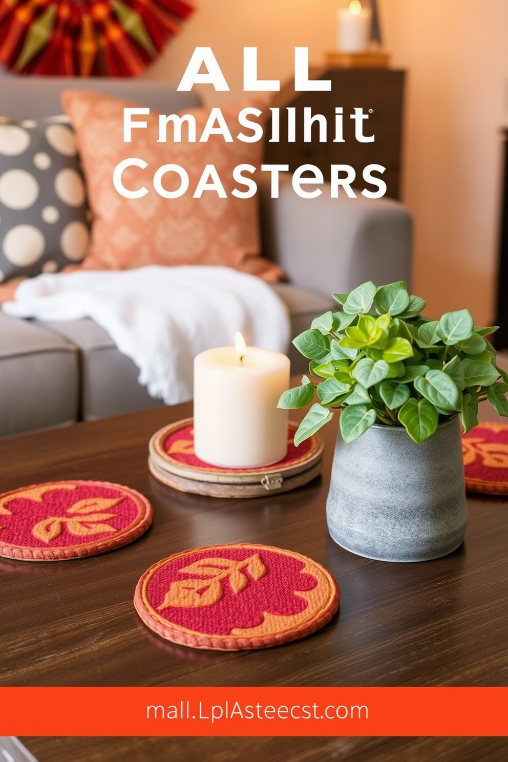 A cozy small space adorned with hanging garlands of vibrant autumn leaves and pumpkins creates a warm seasonal ambiance. The walls are painted in soft earth tones, and a small table is set with a rustic centerpiece featuring mini pumpkins and candles.