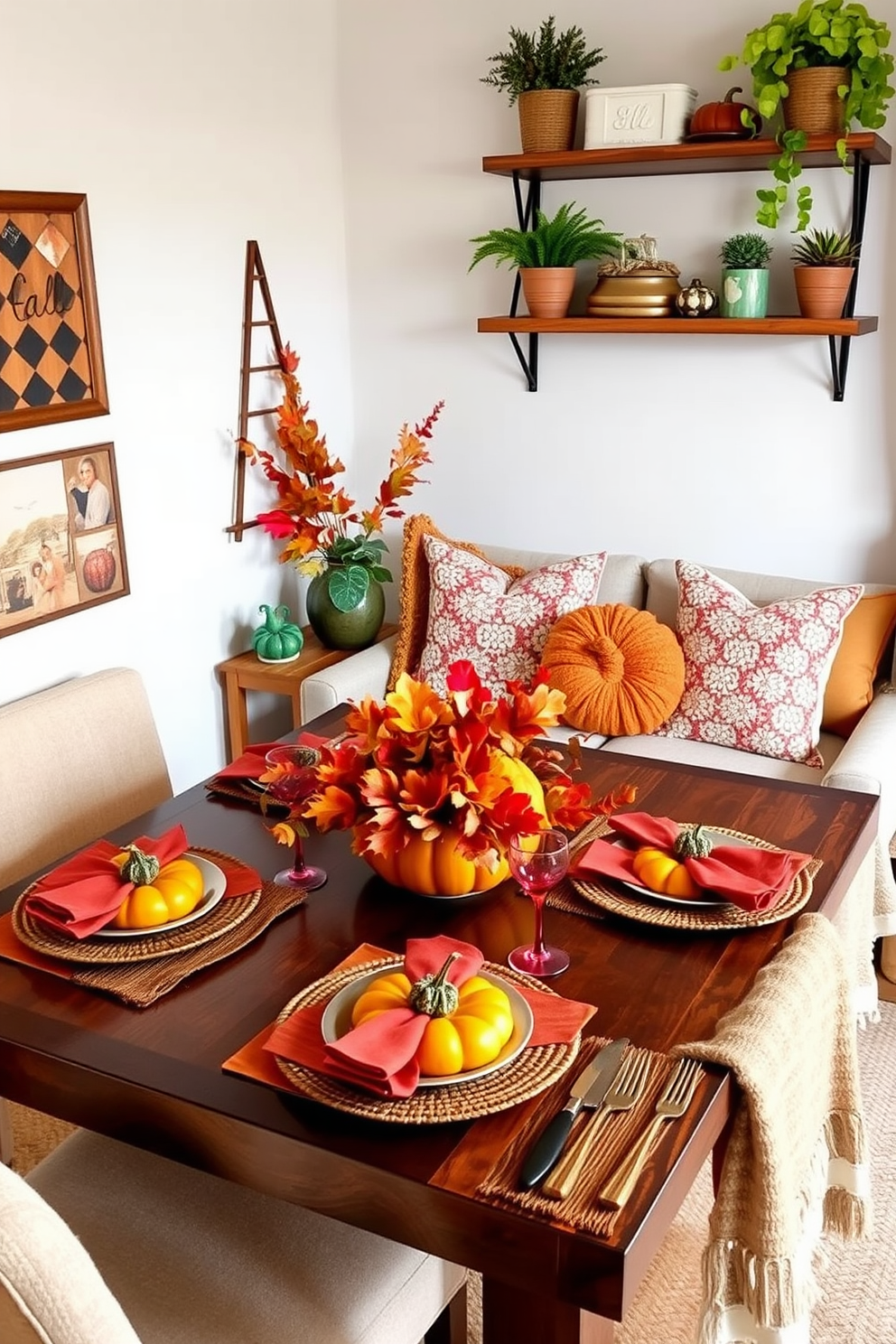 A vibrant table setting adorned with colorful fall decorations. The table is set with rustic plates, vibrant napkins, and a centerpiece of pumpkins and autumn leaves. Clever small space decorating ideas that embrace the fall season. Cozy throws and warm-toned cushions are arranged on a compact sofa, while wall-mounted shelves display seasonal decor and plants.