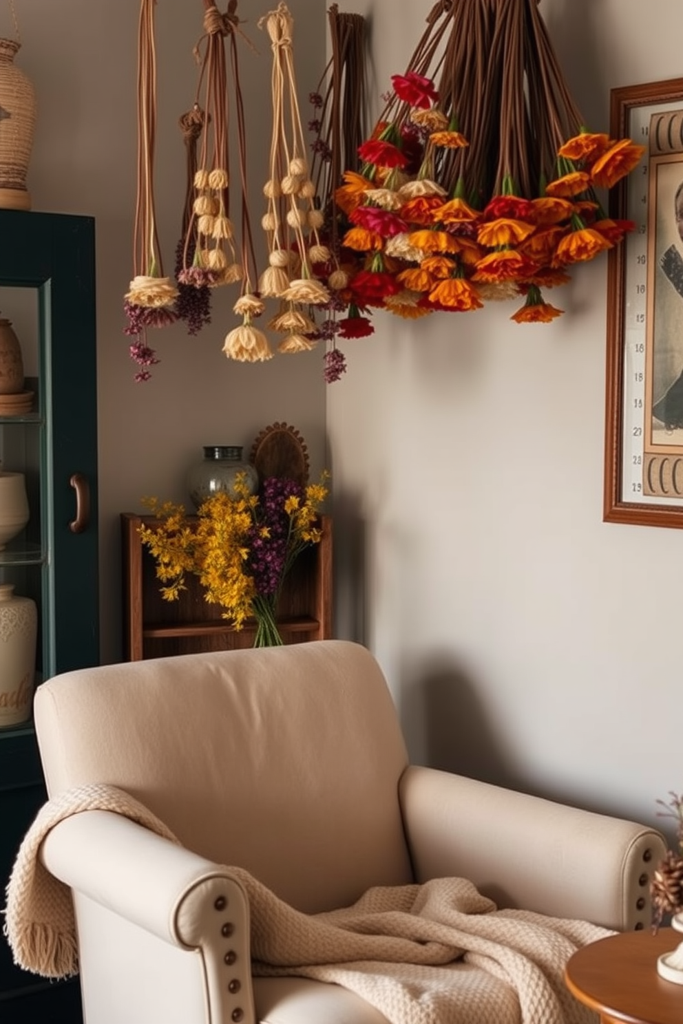 A cozy corner adorned with hanging dried flowers adds a rustic charm to the space. The warm tones of the flowers complement the earthy decor, creating an inviting atmosphere. In a small living area, incorporate natural elements with a simple wooden shelf displaying the dried flowers. Pair this with a soft, textured throw blanket draped over a vintage armchair for a touch of comfort.