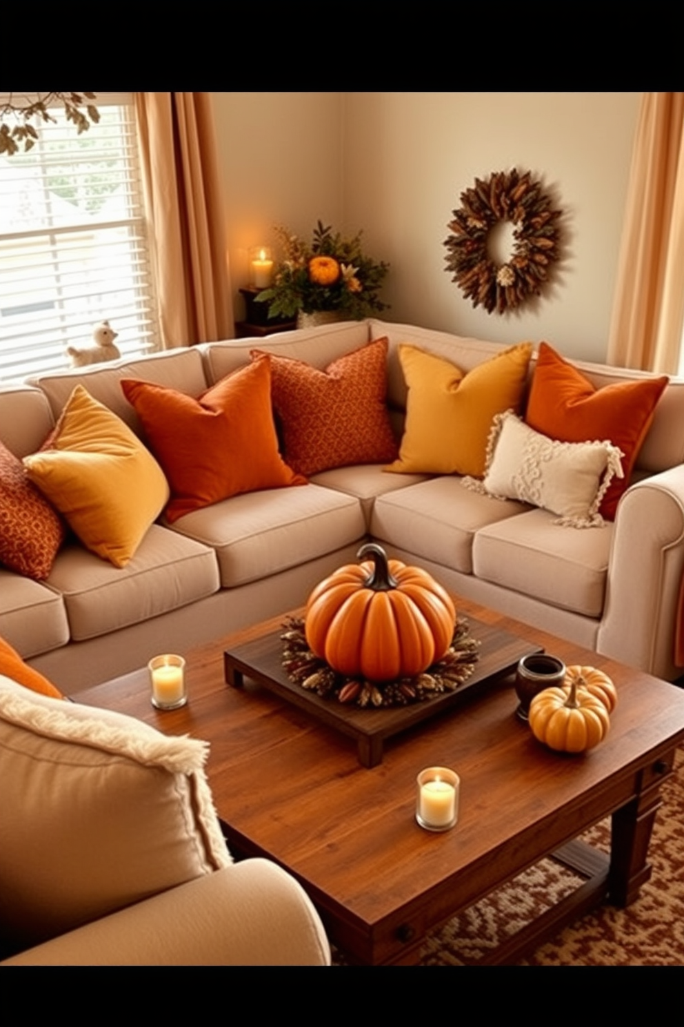 A cozy living room featuring small potted plants in various corners to add a touch of greenery. The decor includes warm autumn colors with throw pillows and blankets that evoke the essence of fall. A charming dining nook adorned with small potted succulents on the table to enhance the space. The walls are painted in soft earth tones, complemented by seasonal decorations that reflect the beauty of autumn.