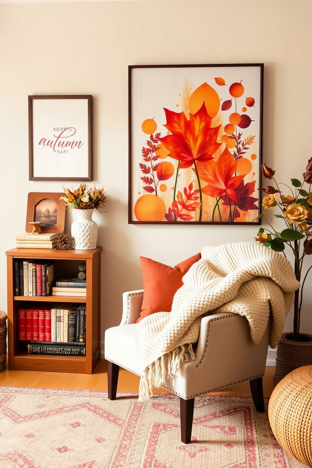 A cozy living room adorned with autumn-themed wall art featuring vibrant hues of orange, red, and yellow. The decor includes small space decorating ideas such as a compact bookshelf filled with seasonal books and a plush armchair draped with a knitted throw.