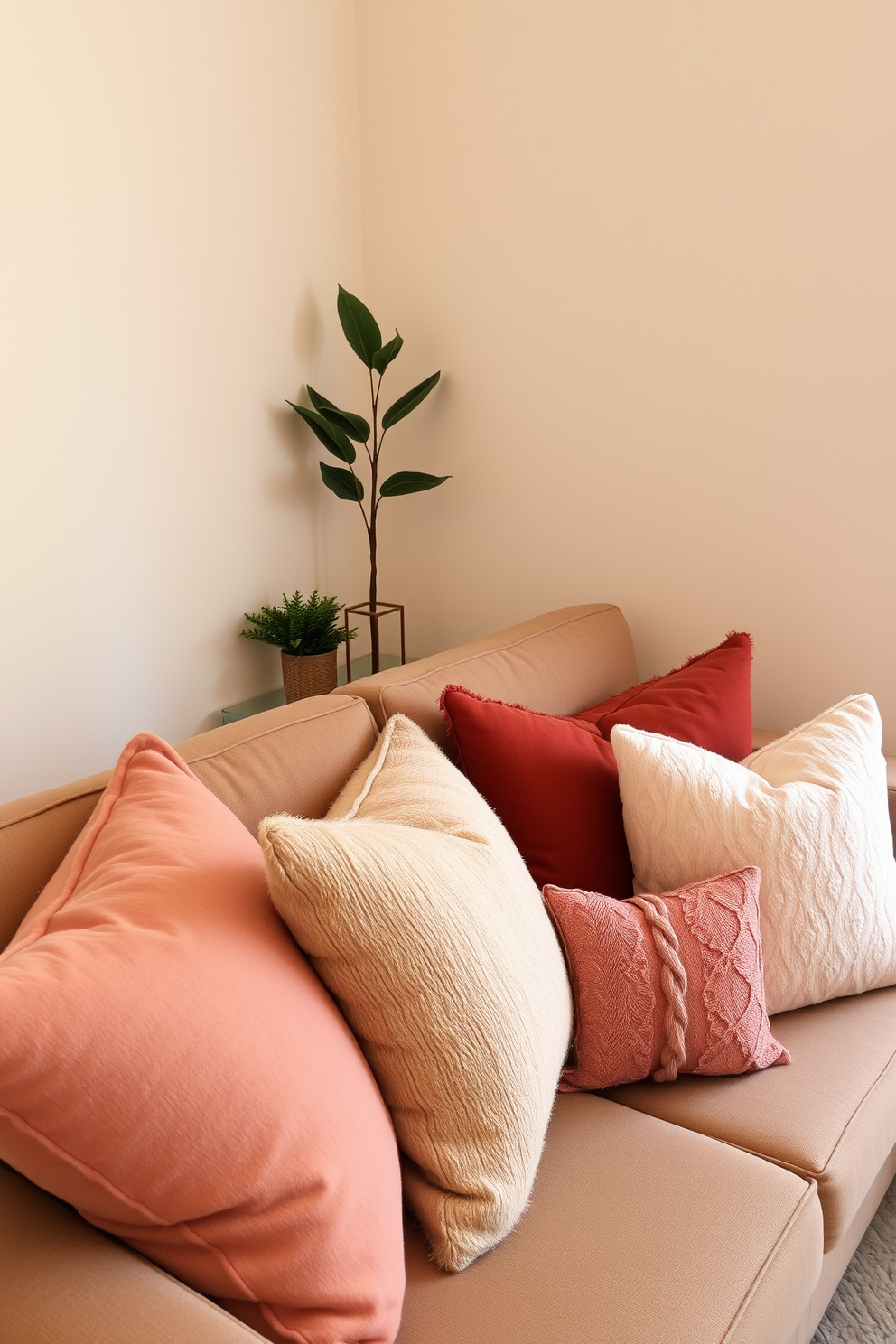 Warm-toned decorative pillows are arranged on a cozy sofa in a small living room, creating an inviting atmosphere. The pillows feature a mix of textures and patterns, enhancing the overall warmth of the space. In the corner, a small side table holds a decorative plant, adding a touch of greenery. The walls are painted in soft beige, complementing the warm tones of the pillows and creating a harmonious look.