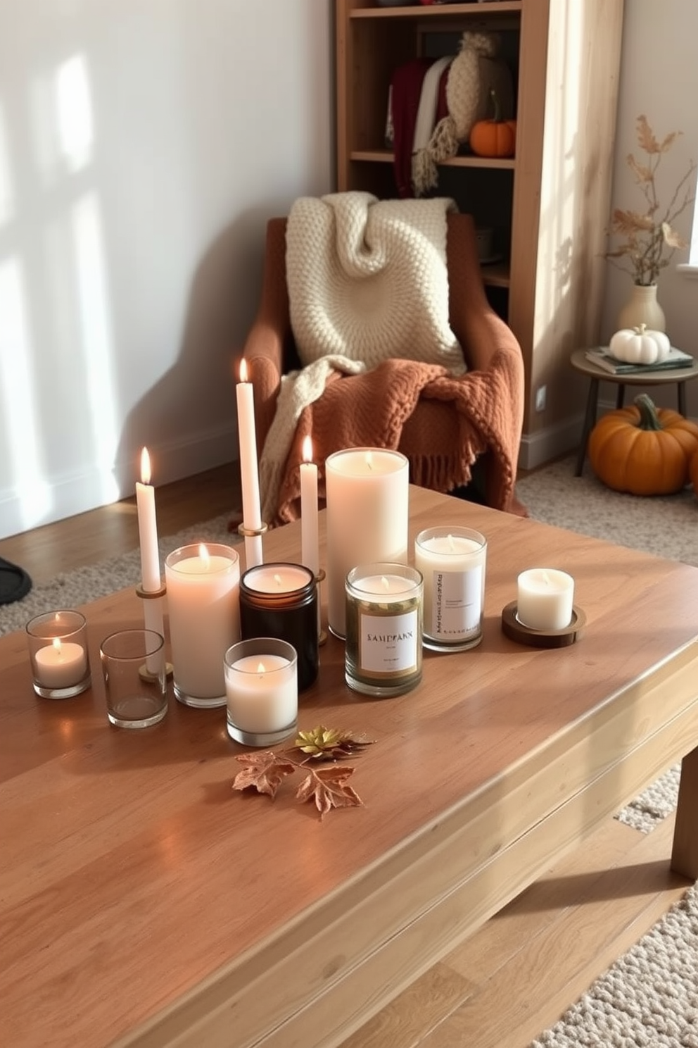 A collection of scented candles in various sizes is arranged on a wooden coffee table, creating a warm and inviting ambiance. Soft flickering flames cast gentle shadows on the walls, enhancing the cozy atmosphere of the room. In a small living space, autumn-themed decorations are thoughtfully placed to maximize style without clutter. Plush throw blankets in rich fall colors and seasonal accents like mini pumpkins add a touch of warmth and charm.