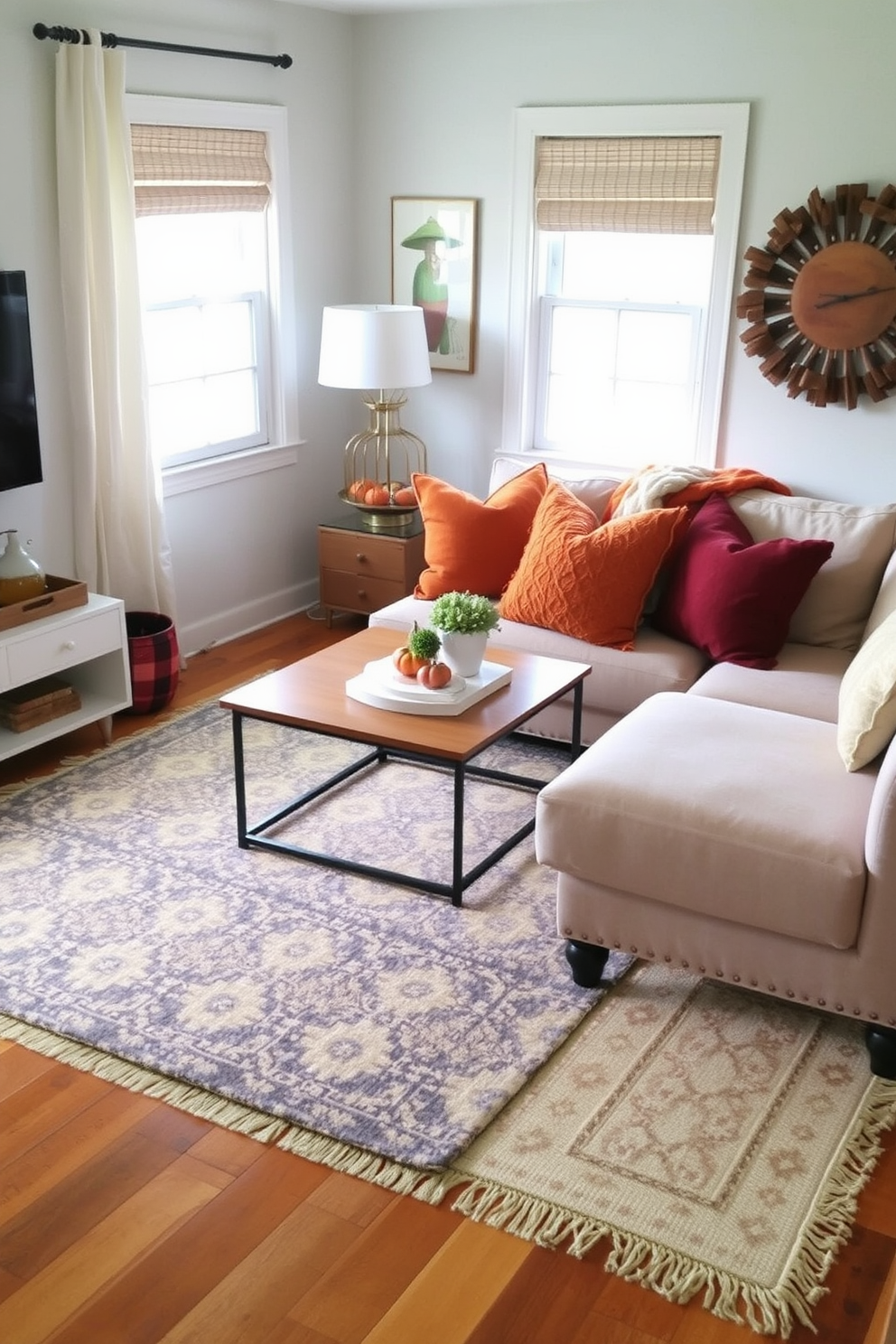 A cozy corner featuring dried leaves elegantly arranged in glass vases. The vases are placed on a small wooden table, enhancing the autumnal ambiance of the space. Soft, warm lighting illuminates the arrangement, creating a welcoming atmosphere. The backdrop consists of a neutral-colored wall adorned with minimalist art, complementing the natural elements.