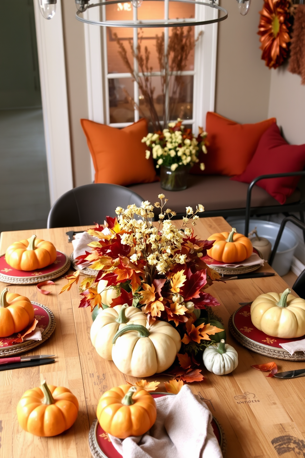 A cozy dining table adorned with harvest-themed centerpieces. The table features a rustic wooden surface decorated with pumpkins, gourds, and autumn leaves. Charming small space decorated for fall with warm tones and seasonal accents. Cushions in rich oranges and deep reds complement the space, while a small arrangement of dried flowers adds a touch of nature.