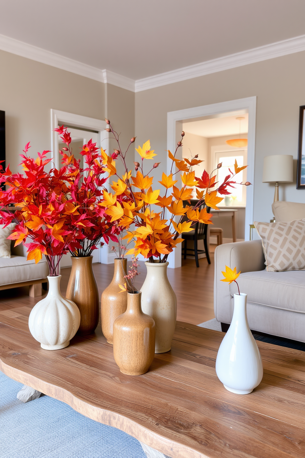 A cozy living room features a collection of decorative vases filled with vibrant fall foliage in warm hues of red, orange, and yellow. The vases are arranged on a rustic wooden coffee table, creating a seasonal focal point that enhances the inviting atmosphere. A small yet stylish apartment showcases clever decorating ideas that maximize space without sacrificing elegance. The use of multifunctional furniture and light color palettes creates an airy feel, while carefully chosen decor adds personality and charm.