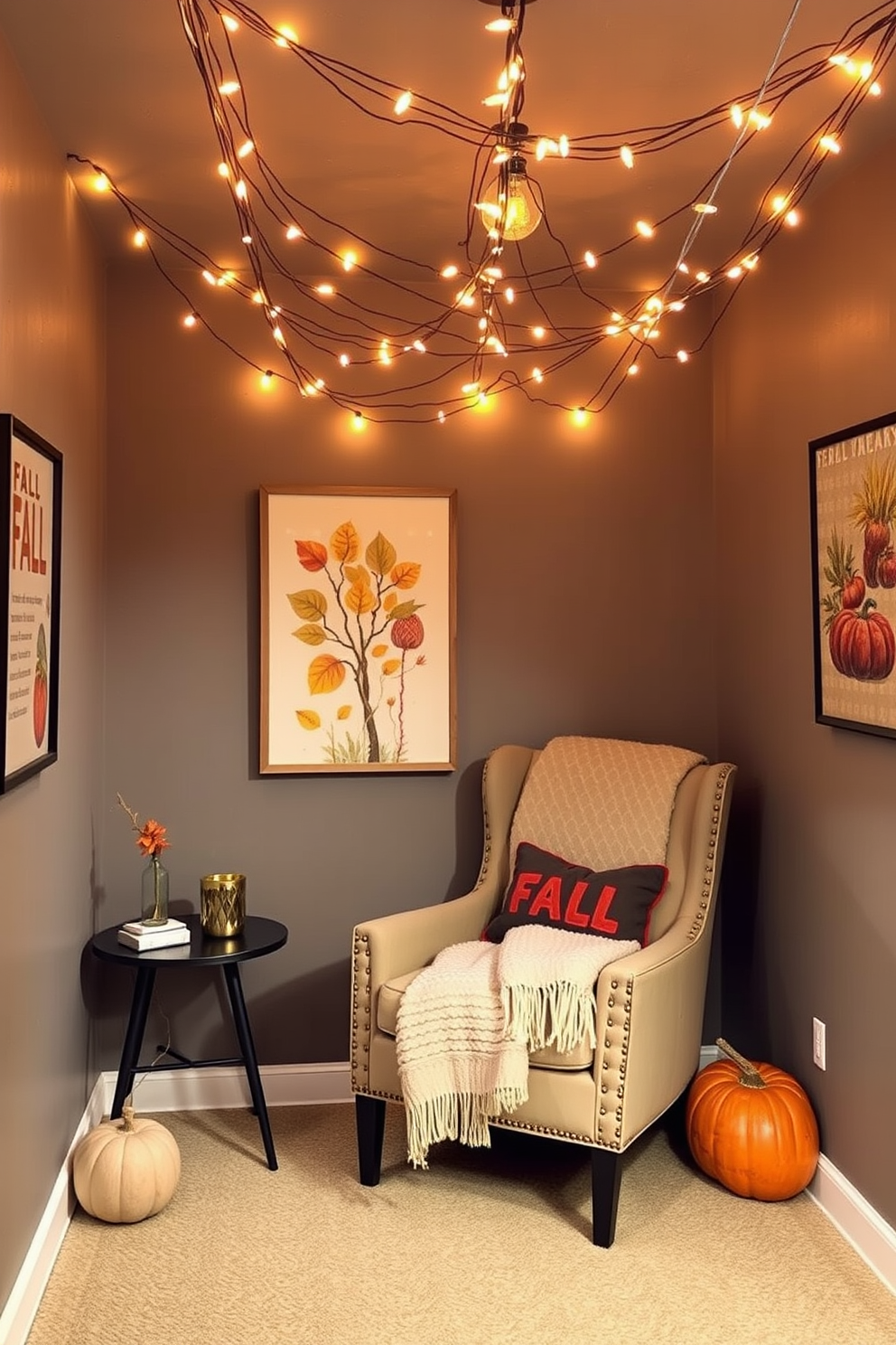 A cozy small space decorated for fall features string lights draped elegantly across the ceiling, casting a warm and inviting glow. The walls are adorned with autumn-themed artwork, and a plush throw blanket is casually placed on a stylish accent chair.