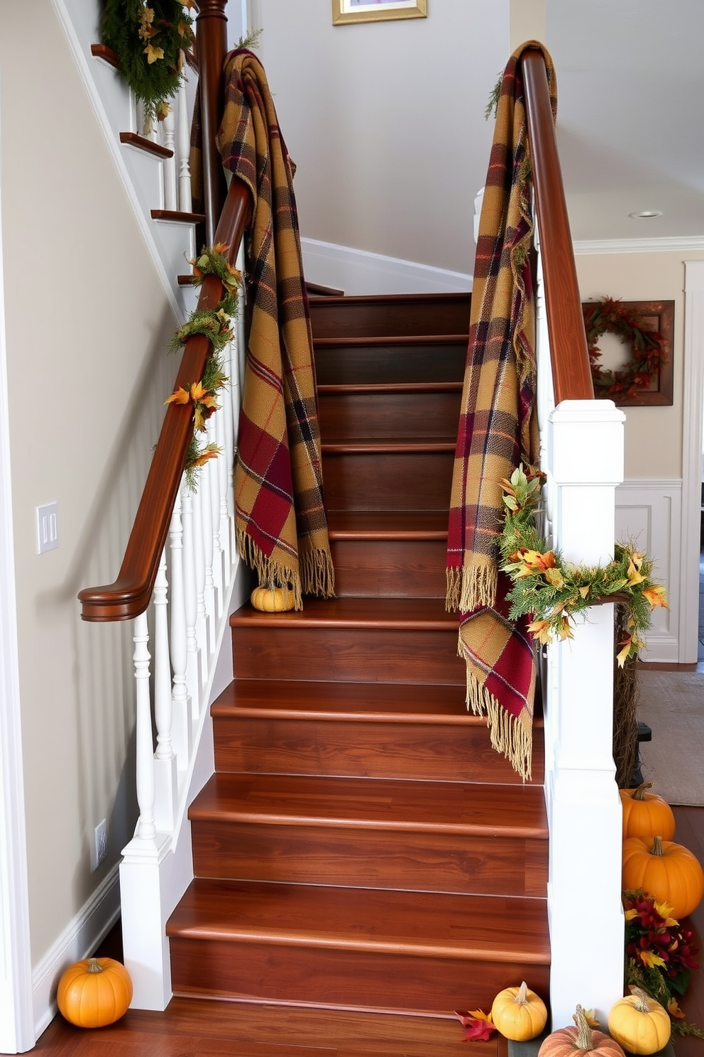 A cozy fall staircase adorned with warm plaid blankets draped elegantly over the railings. The staircase features rich wooden steps and is surrounded by autumn-themed decor, including small pumpkins and seasonal foliage.