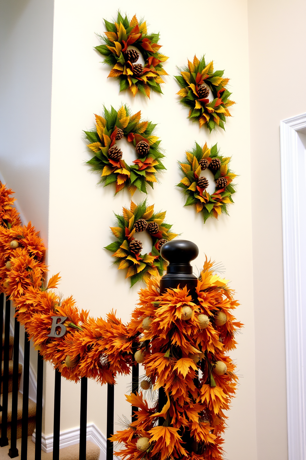 Seasonal wreaths made of autumn leaves and pinecones adorn the wall, bringing a touch of nature indoors. The staircase is elegantly decorated with garlands of rich orange and gold foliage, creating a warm and inviting atmosphere.