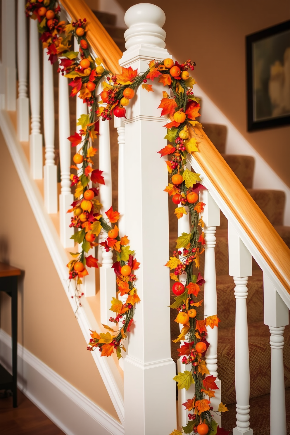 A warm and inviting staircase adorned with harvest-themed garlands draped gracefully along the railing. The garlands are filled with vibrant autumn leaves, miniature pumpkins, and clusters of berries, creating a festive atmosphere that celebrates the season.