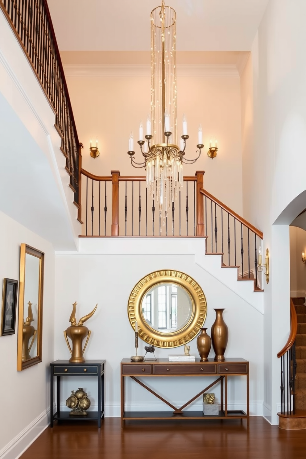 A grand staircase adorned with metallic accents in gold and copper. The walls are painted in a soft white, highlighting the elegance of the staircase's wooden banister and the shimmering details of decorative wall sconces. At the base of the stairs, a stylish console table showcases a mix of decorative items, including a large round mirror with a gold frame. The staircase is illuminated by a stunning chandelier that cascades down, reflecting light off the polished copper accents throughout the space.