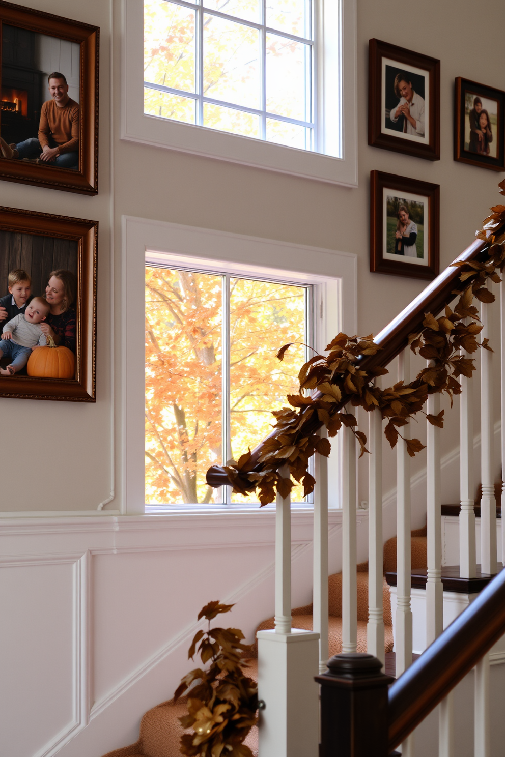 Framed family photos showcasing autumn themes adorn the walls of a cozy staircase. The frames are in warm wood tones, complementing the rich hues of the fall leaves outside the window. The staircase is elegantly decorated with garlands of dried leaves and small pumpkins placed on the steps. Soft, ambient lighting highlights the seasonal decor, creating a welcoming atmosphere.