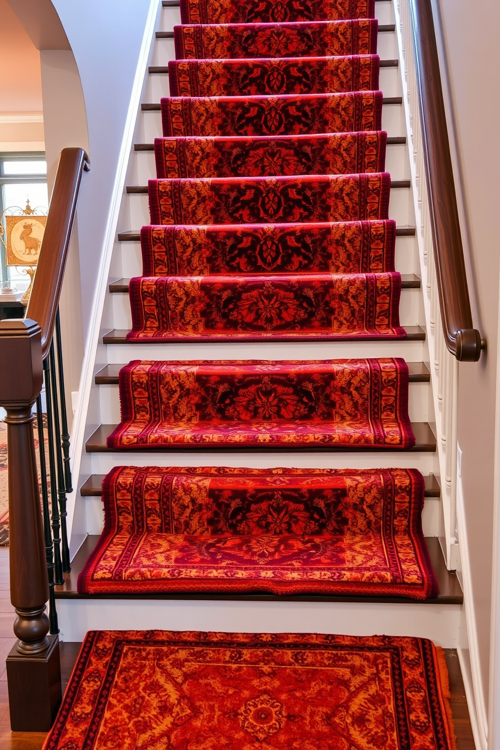 A cozy staircase adorned with layered rugs featuring rich autumn patterns. The warm hues of orange, red, and gold create a welcoming atmosphere as they cascade down the steps.