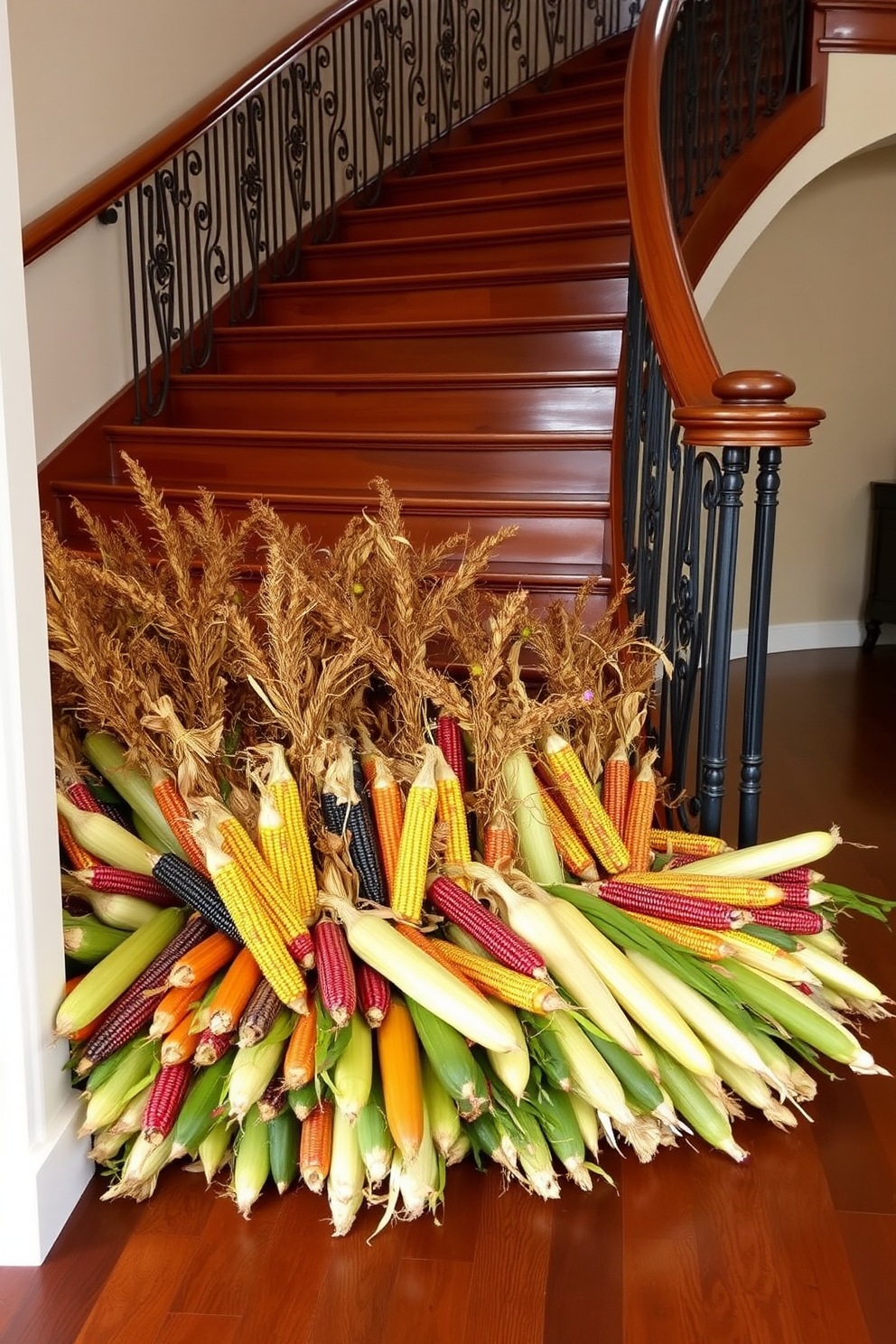 Colorful corn stalks are arranged at the base of a grand staircase, creating a vibrant autumn display. The staircase features rich wooden steps and a wrought iron railing, enhancing the seasonal decor.