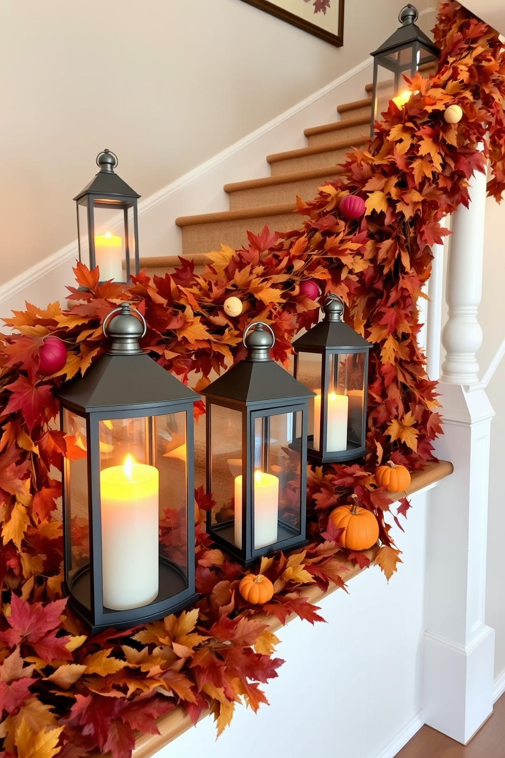 A stunning fall staircase adorned with decorative lanterns featuring warm LED candles. The staircase is draped with rich autumn leaves and small pumpkins, creating a cozy and inviting atmosphere.