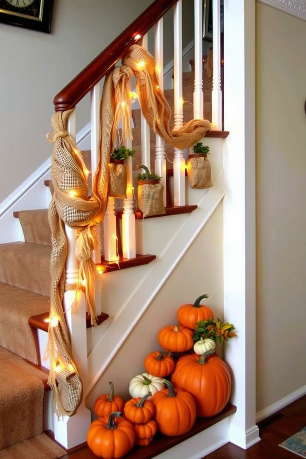 A warm and inviting staircase adorned with burlap accents creates a rustic atmosphere. The staircase banister is wrapped in burlap ribbon, complemented by small burlap bags filled with seasonal decorations. Along the steps, clusters of pumpkins in various sizes are placed, adding a touch of autumn charm. Soft fairy lights intertwined with the burlap provide a cozy glow, enhancing the fall ambiance.