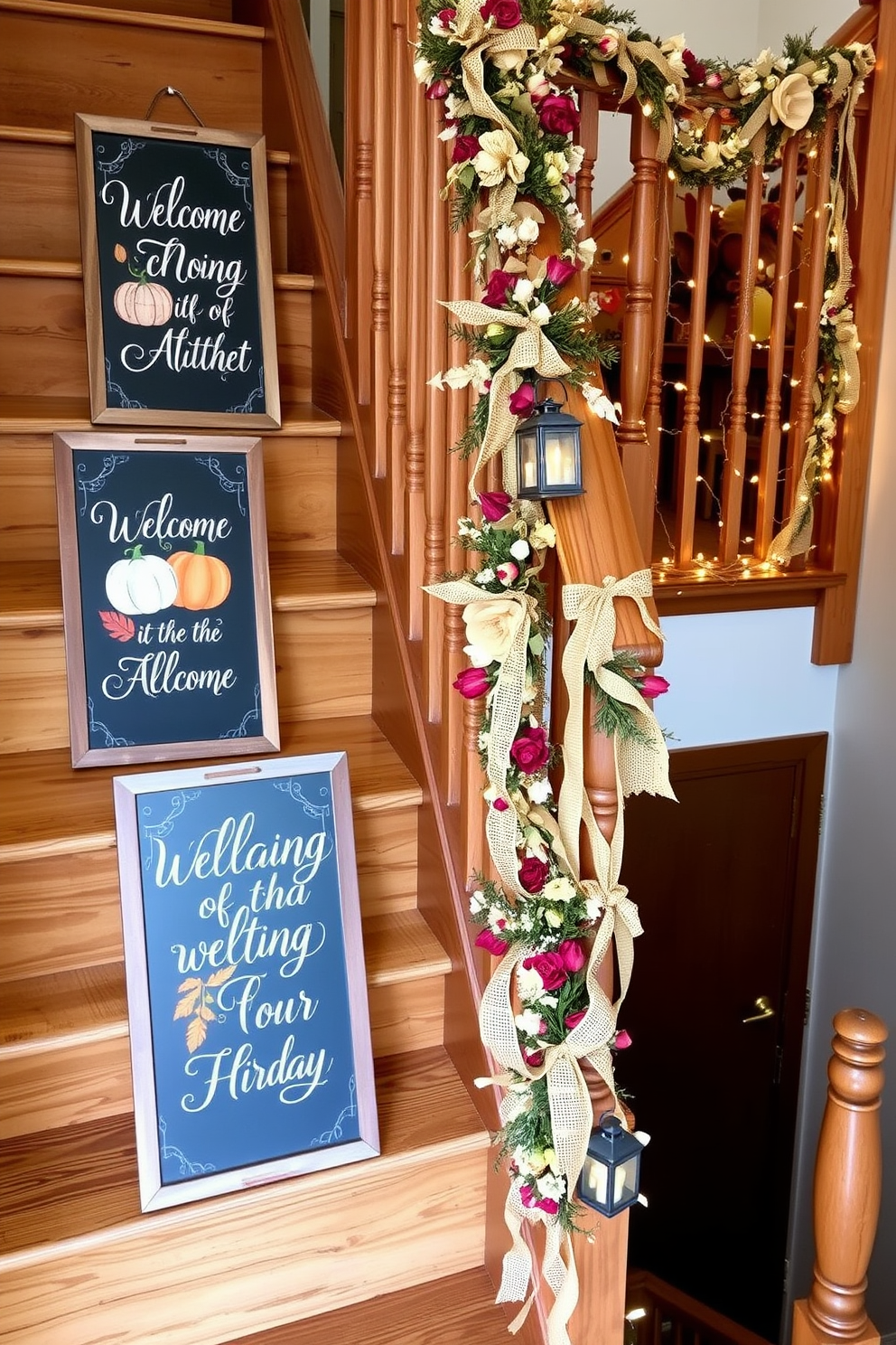 Chalkboard signs with welcome messages are creatively arranged along a rustic wooden staircase. Each sign features hand-lettered greetings in elegant script, surrounded by seasonal decorations like pumpkins and autumn leaves. Fall staircase decorating ideas include cascading garlands made of dried flowers and twinkling fairy lights. The staircase railing is adorned with burlap ribbons and small lanterns, creating a warm and inviting atmosphere.