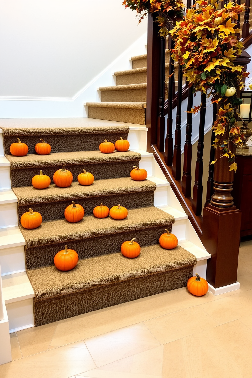 Mini pumpkins are artfully arranged on the stair treads, creating a warm and inviting atmosphere. The staircase is adorned with autumn foliage, enhancing the seasonal charm and inviting guests to explore further.