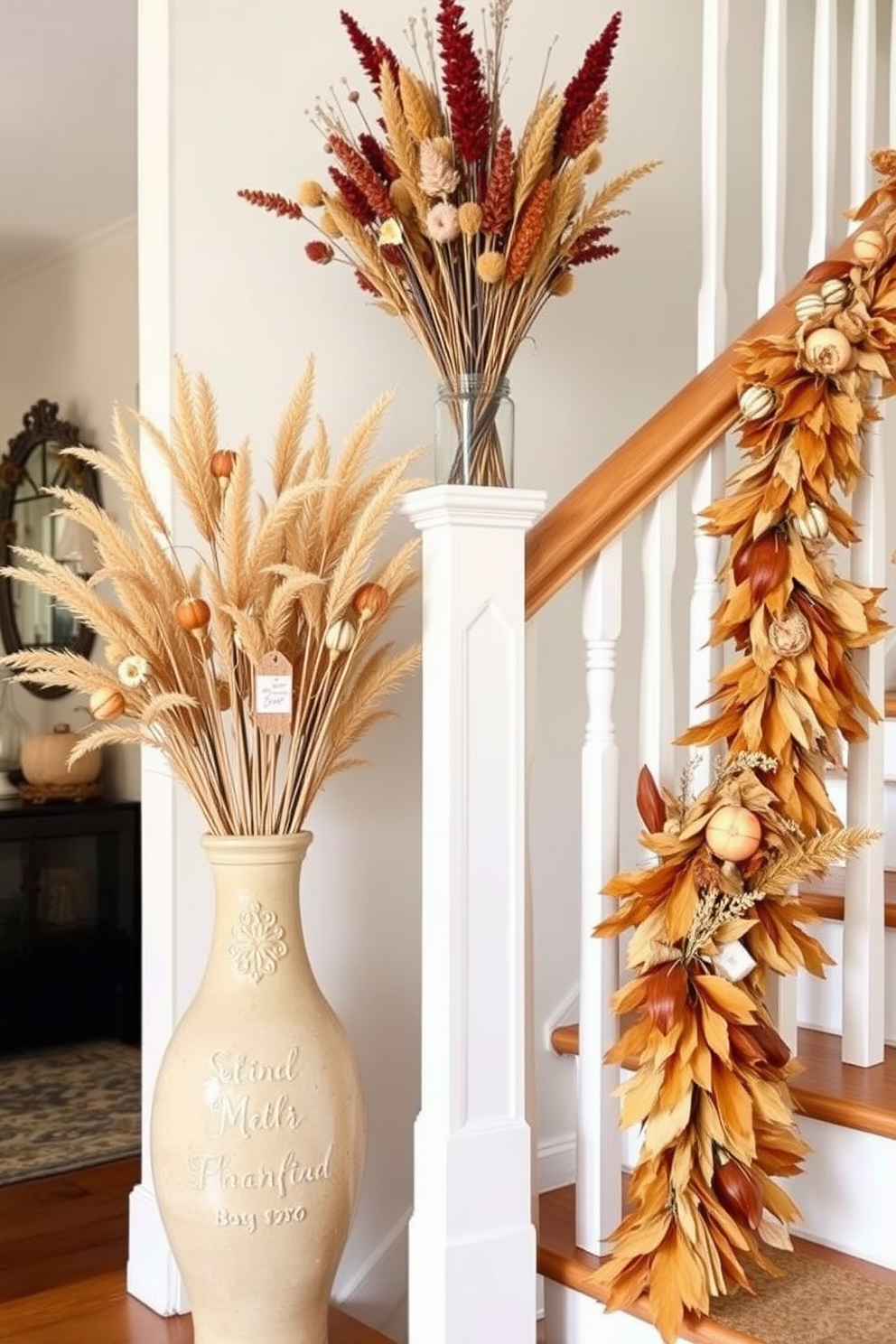 Dried flower arrangements in vases create a warm and inviting atmosphere. Choose a variety of textures and colors to enhance the aesthetic appeal of your space. For fall staircase decorating ideas, incorporate seasonal elements like pumpkins and gourds. Use garlands of autumn leaves to drape along the handrail for a festive touch.