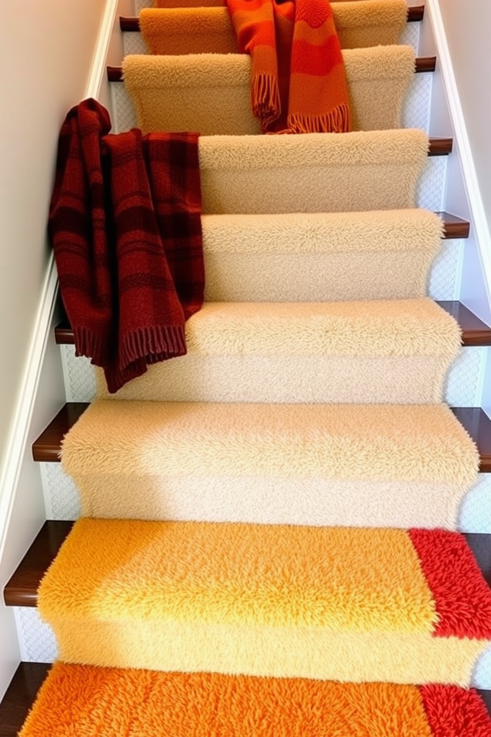 A cozy staircase adorned with seasonal throw blankets in warm autumn hues. The stairs are lined with plush blankets in shades of orange, yellow, and deep red, inviting a sense of comfort and seasonal charm.