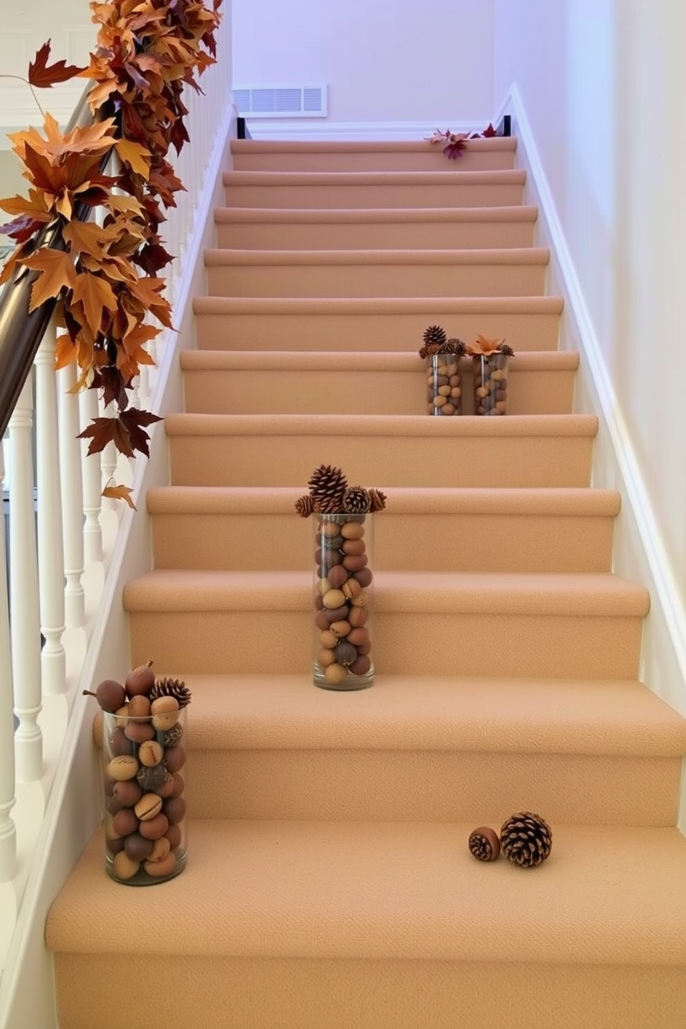 Artistic displays of acorns and pinecones adorn the staircase. The natural elements are arranged in glass vases on each step, creating a warm and inviting autumn ambiance. Fall staircase decorating ideas feature rich, earthy tones with garlands of dried leaves. Soft, warm lighting highlights the beauty of seasonal decorations, enhancing the cozy atmosphere.