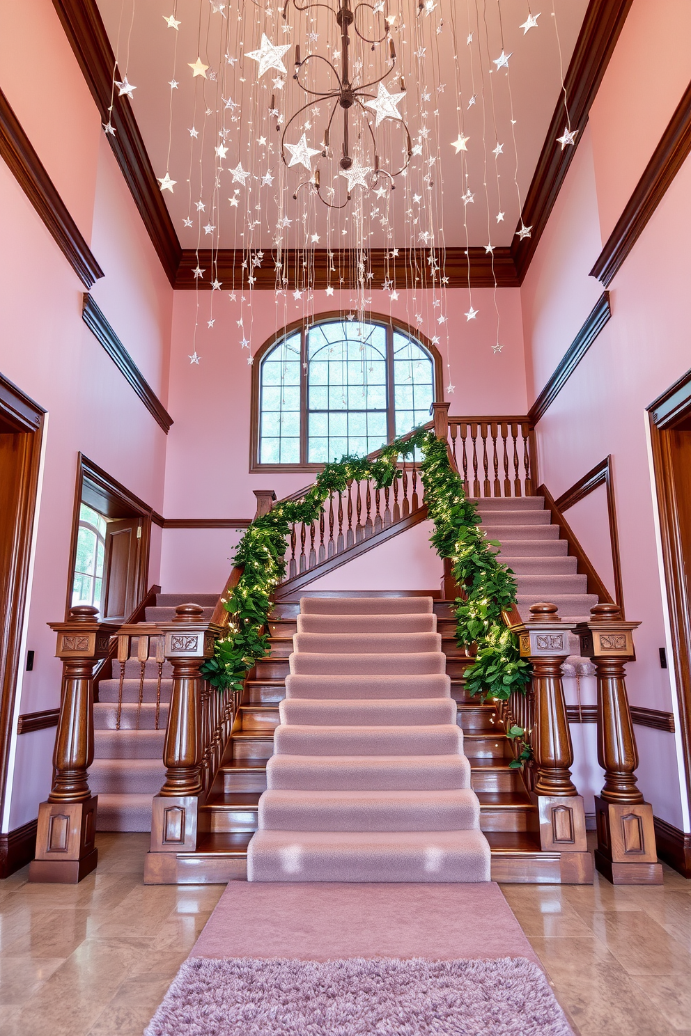 A stunning entryway featuring a grand staircase with elegant wooden railings. The walls are adorned with soft pastel colors, and the ceiling is draped with hanging twinkling stars that create a magical ambiance. The staircase is decorated with lush greenery and delicate fairy lights intertwined along the banister. A plush runner rug in a complementary hue adds warmth and comfort to the space, enhancing the overall inviting atmosphere.