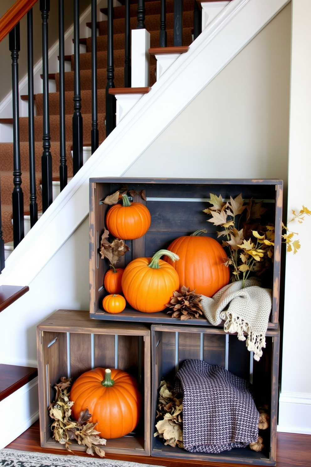 Vintage crates filled with an assortment of seasonal decor create a warm and inviting atmosphere along the staircase. Each crate showcases pumpkins, dried leaves, and cozy textiles, enhancing the charm of the fall season.