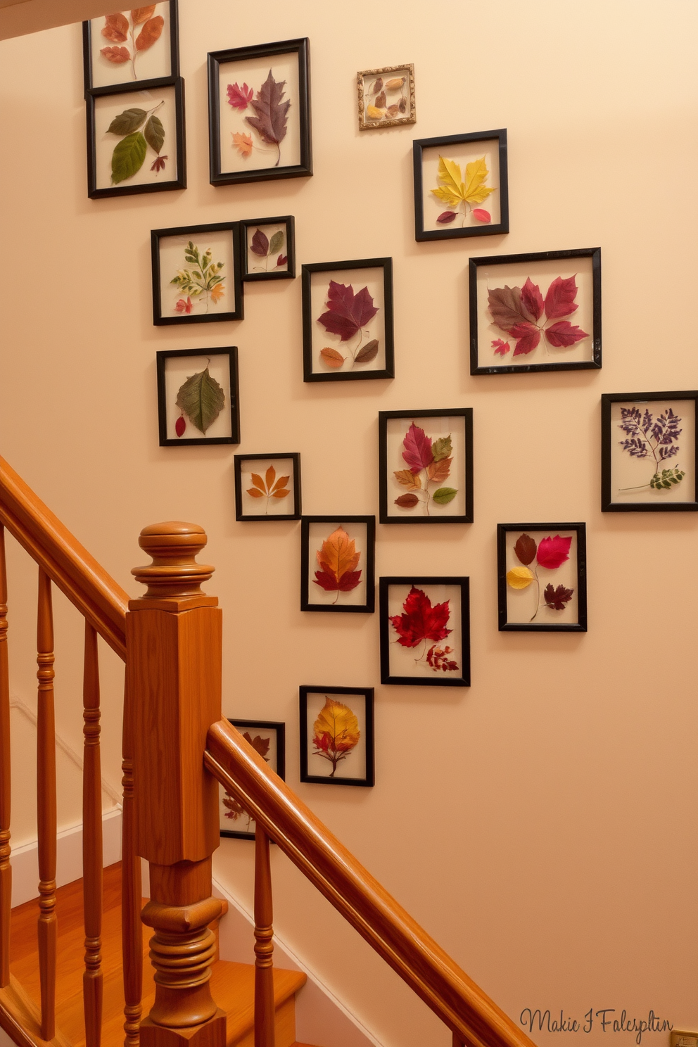 A charming staircase adorned with twinkling fairy lights in glass jars creates a magical ambiance. The soft glow of the lights highlights the elegant curves of the staircase and adds warmth to the space. Decorative elements such as seasonal garlands and colorful leaves enhance the fall aesthetic. Rich hues of orange, red, and gold complement the staircase, inviting a cozy atmosphere.