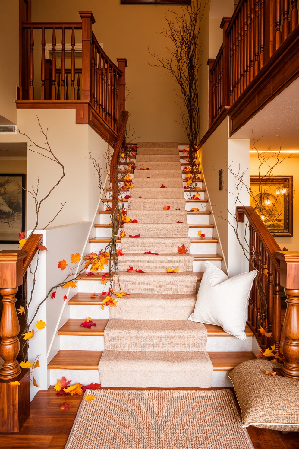 Seasonal themed pillows are arranged on the stair treads, showcasing warm autumn colors like orange, burgundy, and mustard yellow. Each pillow features unique patterns such as leaves, pumpkins, and cozy plaids to enhance the fall atmosphere. The staircase is adorned with subtle decorative accents like small pumpkins and twinkling fairy lights, adding a festive touch. A woven basket at the bottom holds extra pillows and blankets for a welcoming feel.