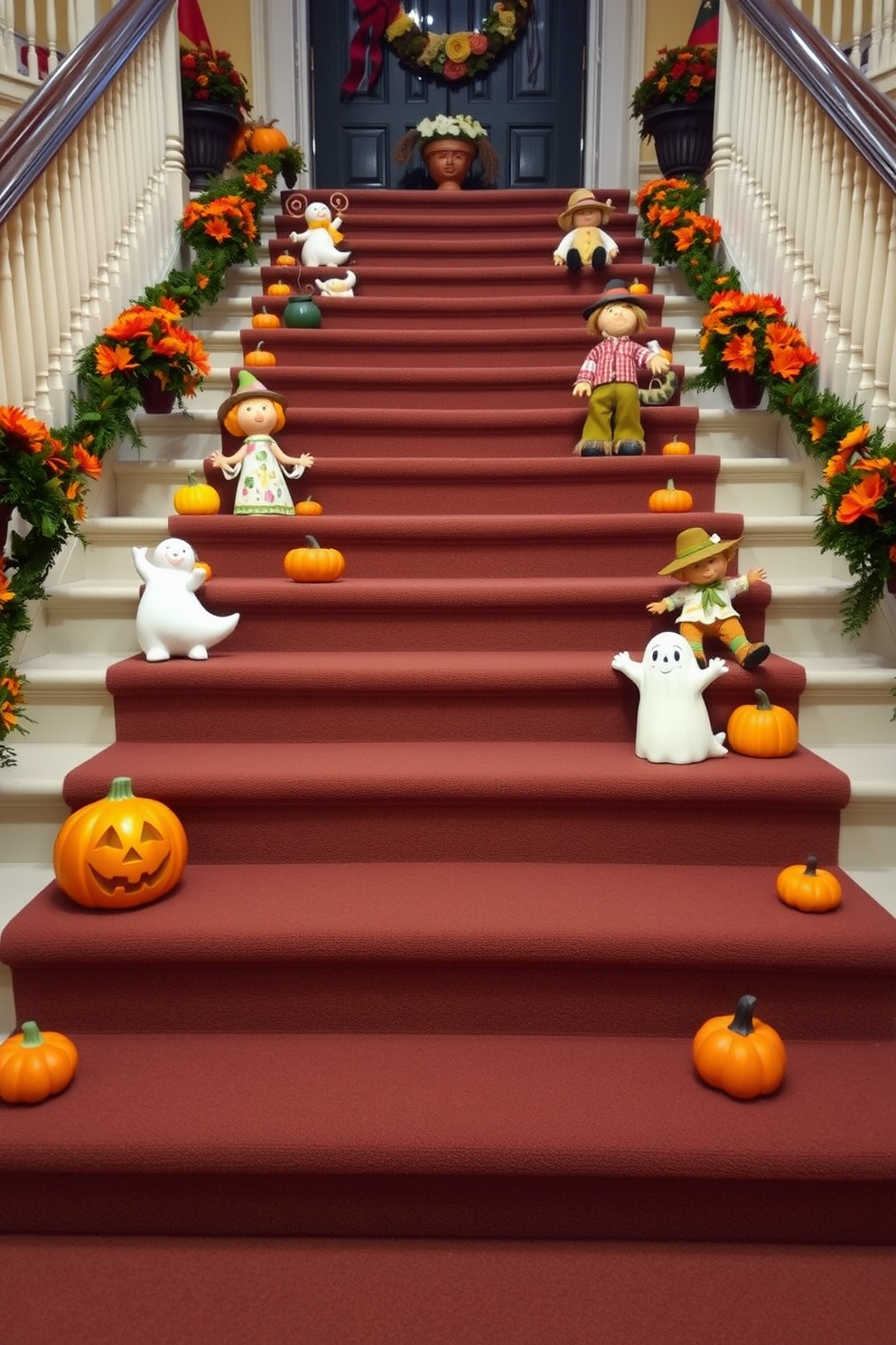 Whimsical fall-themed figurines are artfully arranged on the steps of a grand staircase. Each step features a different character, such as a playful pumpkin, a cheerful scarecrow, and a friendly ghost, creating a festive atmosphere.