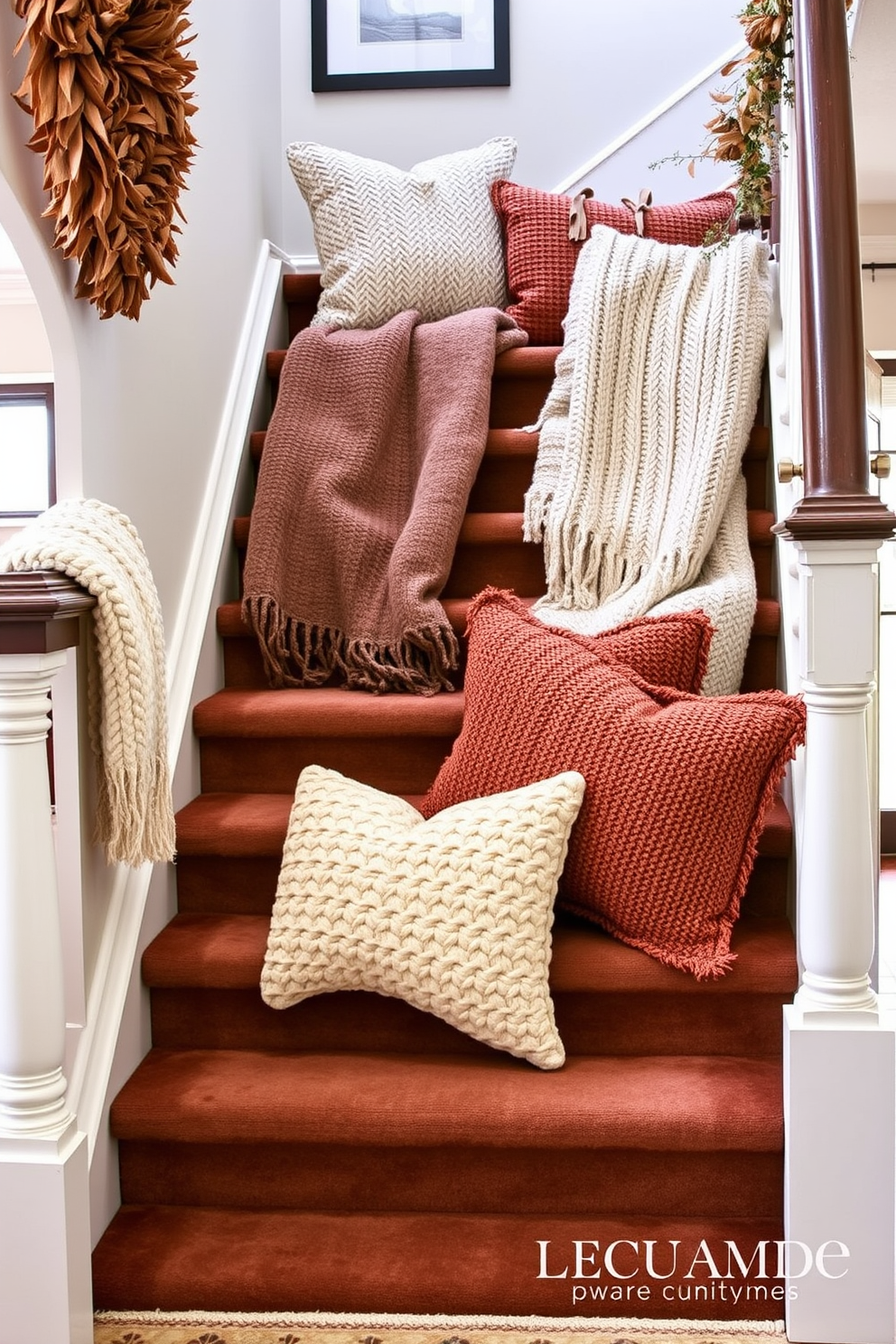 A cozy fall staircase adorned with layered textures featuring soft knit and warm wool elements. The staircase is decorated with rich autumn hues, showcasing plush throw blankets and decorative pillows that invite comfort and warmth.