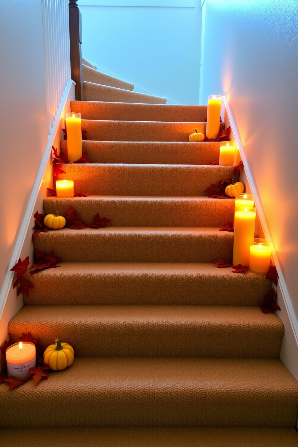 A warm and inviting staircase adorned with pumpkin spice scented candles placed on each step. The candles are arranged in varying heights, surrounded by autumn leaves and small decorative pumpkins for a cozy fall atmosphere.