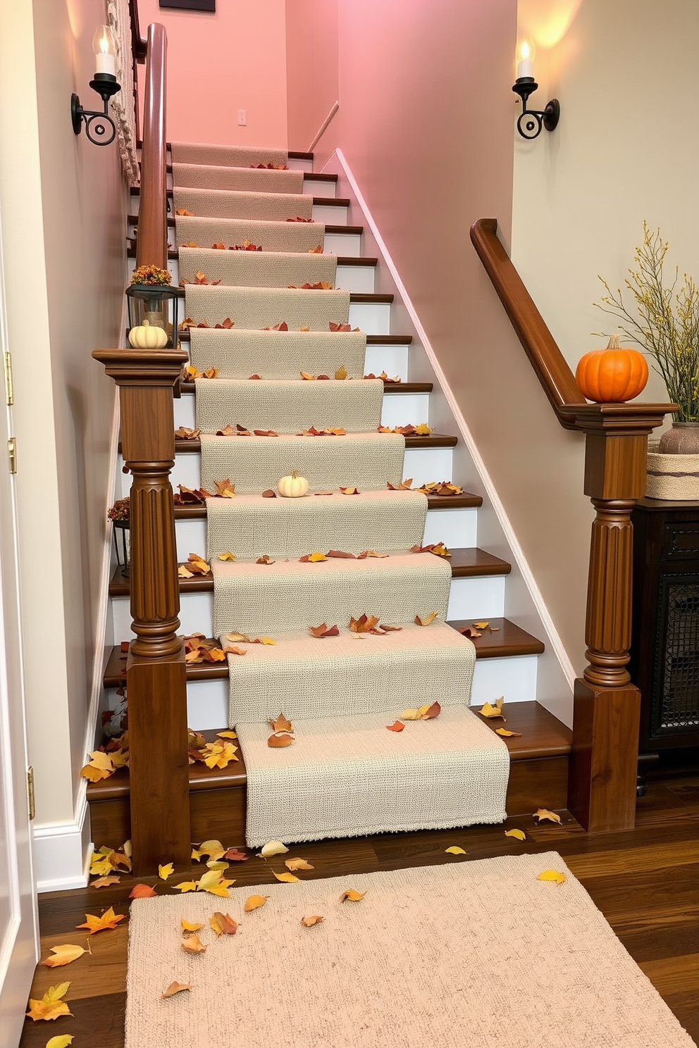 A cozy staircase adorned with scattered autumn leaves creates a warm and inviting atmosphere. The wooden steps are complemented by soft, neutral-toned runner rugs that enhance the seasonal decor. On the handrail, small pumpkins and gourds are artfully arranged, adding a touch of festive charm. Soft, ambient lighting from wall sconces highlights the beauty of the autumn decor, making the space feel welcoming.