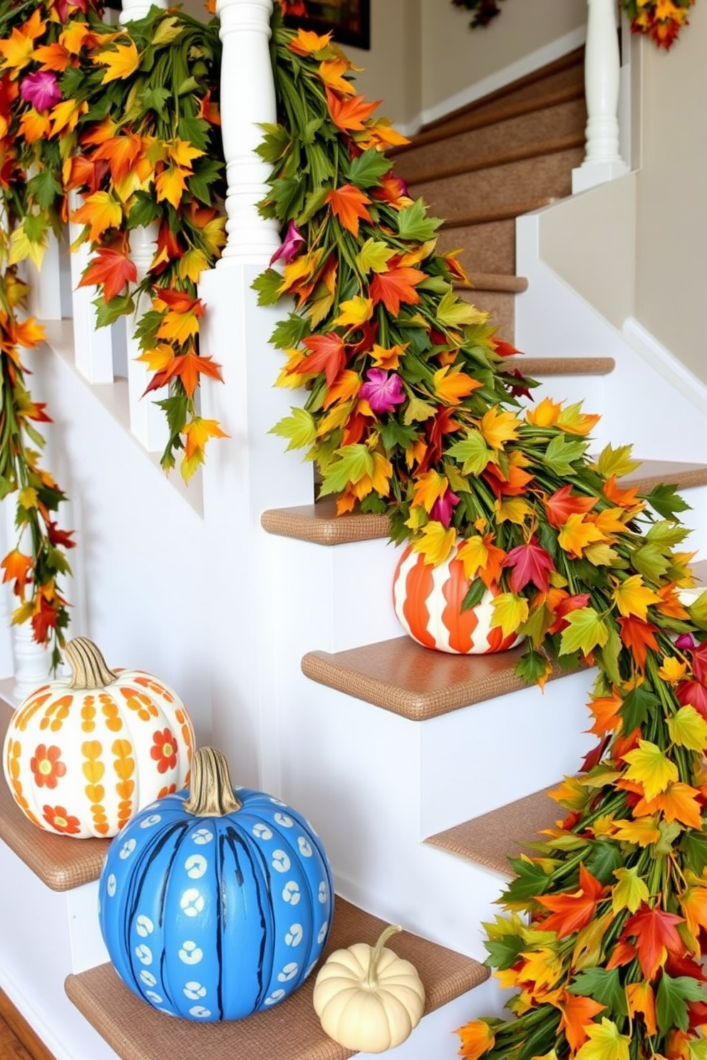 DIY painted pumpkins with creative designs. Each pumpkin features unique patterns and vibrant colors, adding a festive touch to your autumn decor. Fall staircase decorating ideas. Lush garlands of colorful leaves and small pumpkins line the banister, creating a warm and inviting atmosphere.