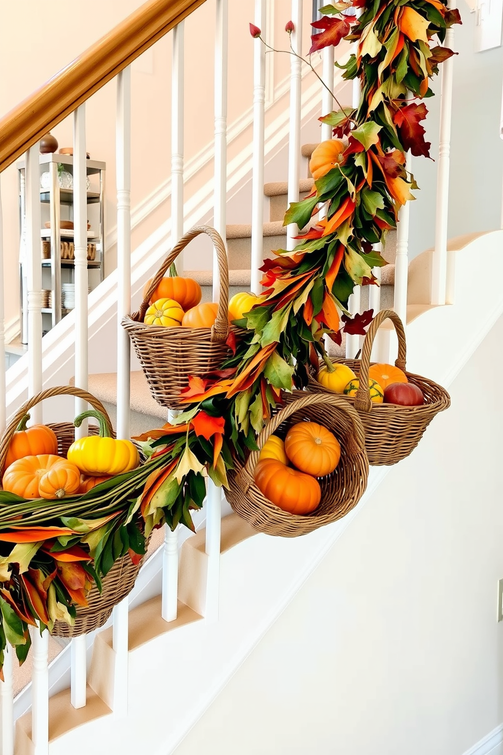 A warm and inviting staircase adorned with rustic lanterns holding flickering candles. The soft glow of the candles creates a cozy atmosphere, enhancing the beauty of the autumn-themed decorations along the steps. Richly colored leaves and small pumpkins are artfully arranged on the staircase, adding seasonal charm. The combination of natural elements and soft lighting transforms the space into a picturesque fall setting.