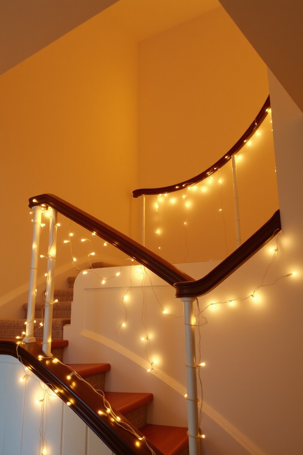 A vibrant fall wreath adorned with orange, red, and yellow leaves is elegantly placed at the top of the staircase. The staircase itself is decorated with soft, warm-toned garlands intertwined with string lights, creating a cozy autumn ambiance.