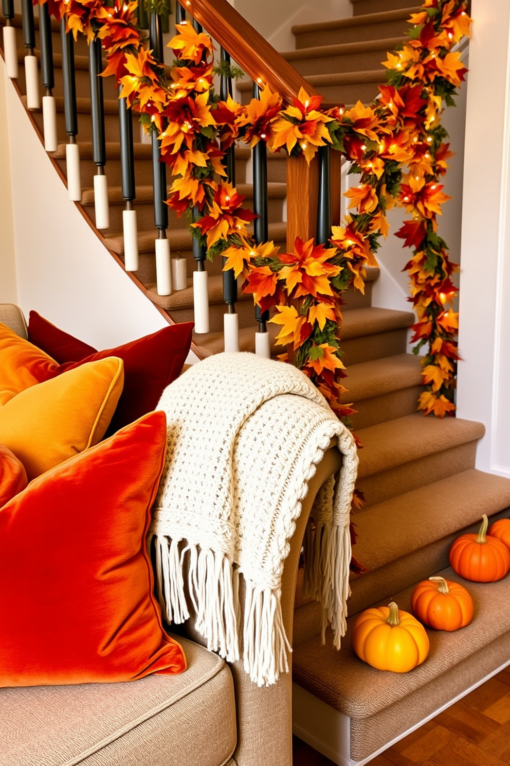 Cozy throw pillows in fall colors are arranged on a plush sofa, featuring shades of burnt orange, deep burgundy, and mustard yellow. A soft, knitted throw blanket drapes over the armrest, adding warmth and texture to the inviting seating area. The staircase is adorned with a garland of autumn leaves, intertwining with fairy lights for a magical touch. Small pumpkins in varying sizes are placed along the steps, creating a festive atmosphere that welcomes guests.