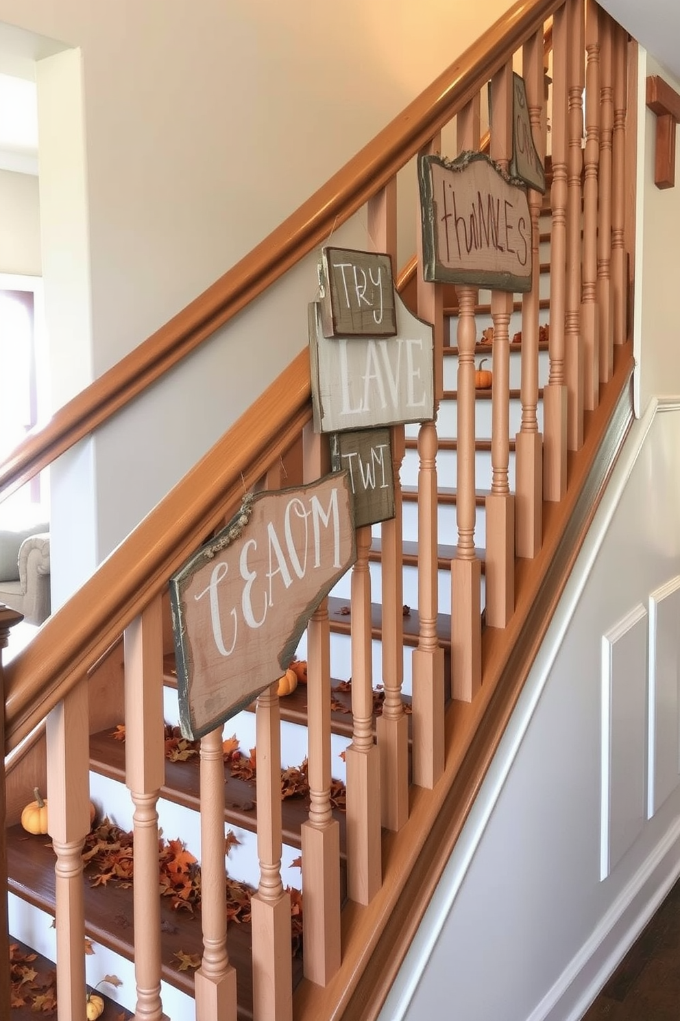 Rustic wooden signs adorned with seasonal messages are arranged along the banister of a charming staircase. Each sign features hand-painted letters in warm hues, complementing the natural wood tones of the staircase. The staircase is decorated with an array of autumn leaves and small pumpkins placed on the steps. Soft, warm lighting highlights the cozy ambiance, inviting guests to enjoy the seasonal decor.