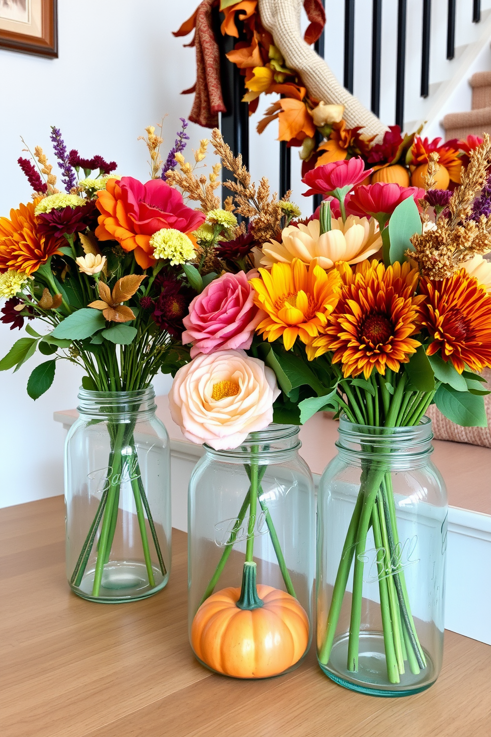 Floral arrangements in mason jars create a charming and rustic atmosphere. The vibrant blooms in various colors contrast beautifully with the clear glass of the jars, enhancing the overall decor. Fall staircase decorating ideas can transform your entryway into a warm and inviting space. Adorn the staircase with garlands of autumn leaves, pumpkins, and cozy textiles to celebrate the season.