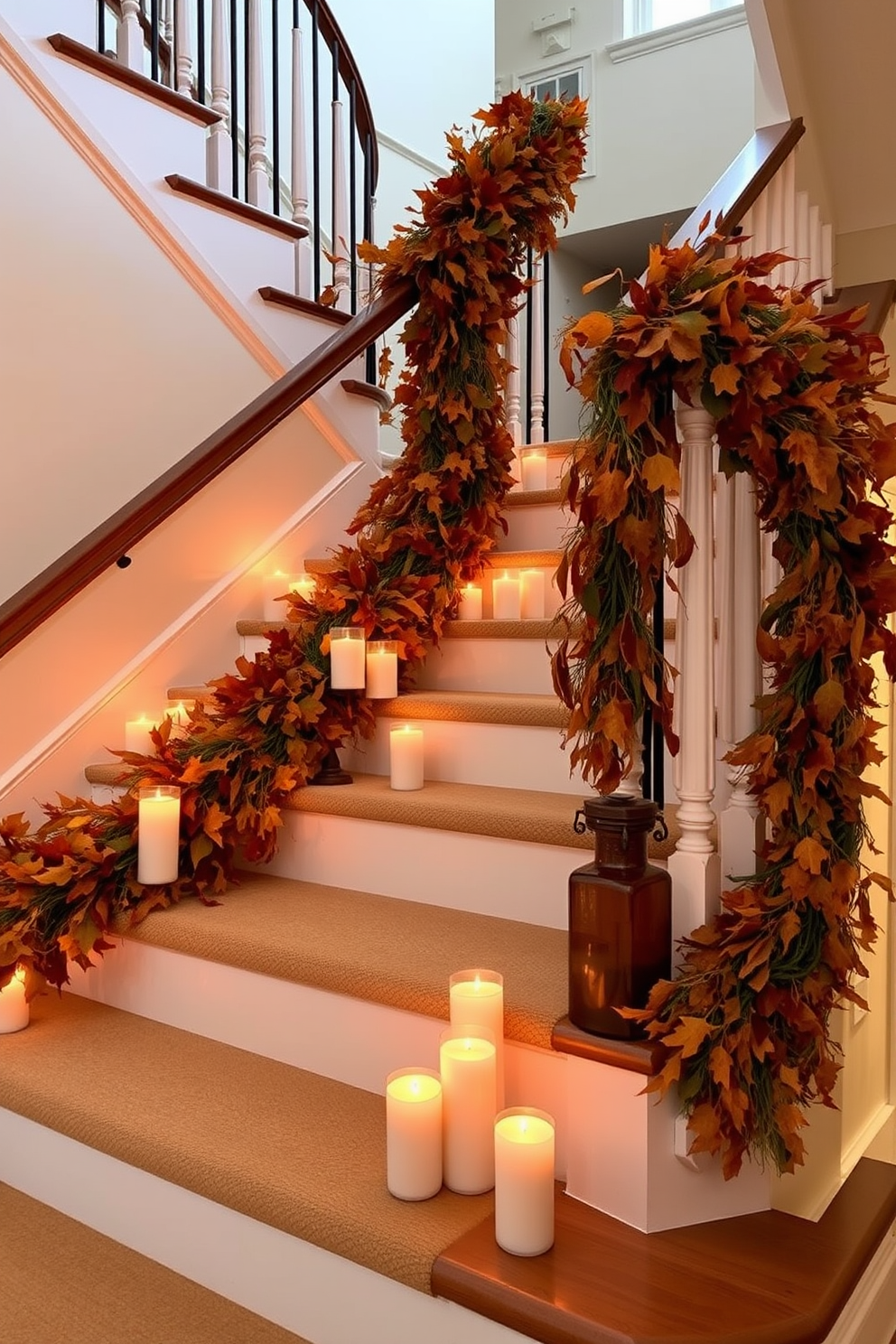 A stunning fall staircase adorned with candles of varying heights placed on each step. The warm glow of the candles complements the rich autumn colors of garlands and leaves draped along the banister.