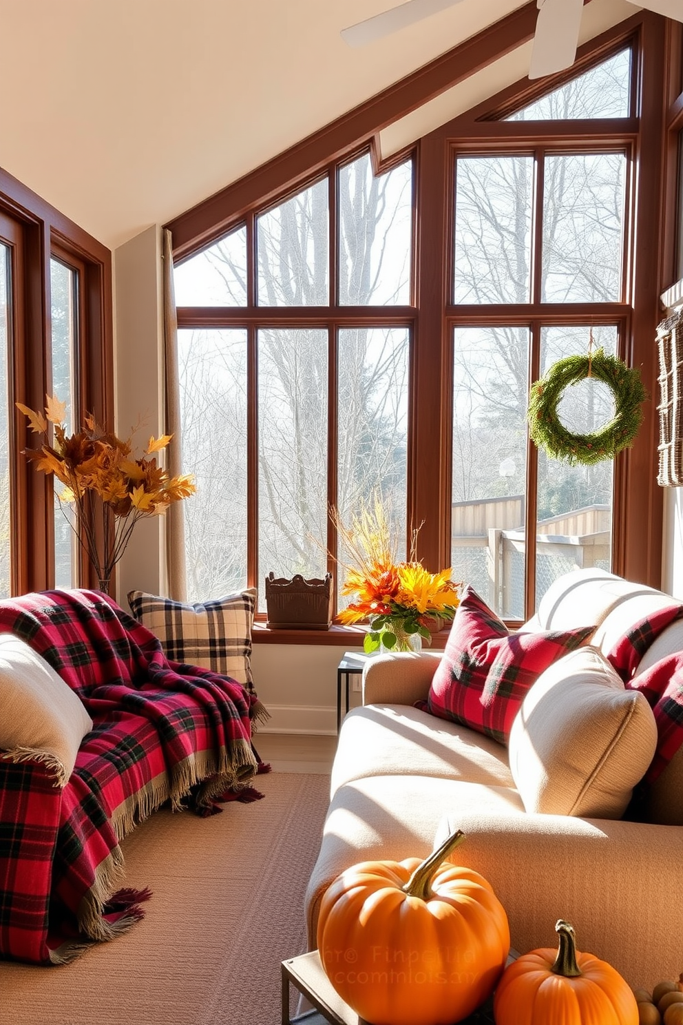 Cozy plaid blankets are draped over plush seating in a sunlit fall sunroom. Large windows allow natural light to flood the space, highlighting warm autumn hues in the decor.