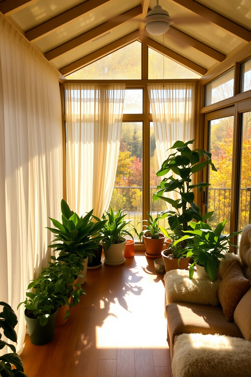 A bright sunroom filled with warmth and natural light. Sunlight filters gently through sheer curtains, casting soft shadows on the wooden floor. Lush green plants are arranged in various pots, creating a vibrant and inviting atmosphere. A cozy seating area with plush cushions invites relaxation while enjoying the beautiful autumn views outside.